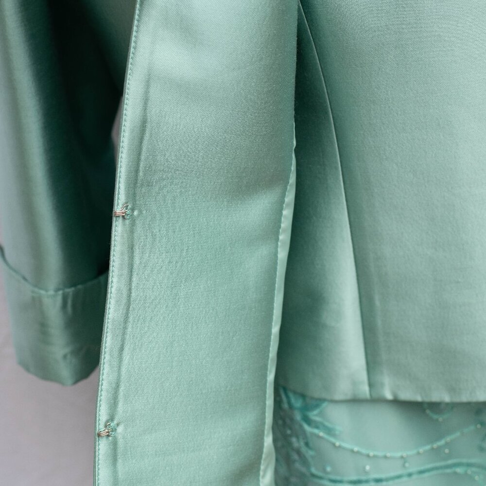 Jovani NY 3 Pc‎ Silk Wool Set 18M Aquamarine Blazer Tank Lace Skirt Beaded NWT - Picture 3 of 16